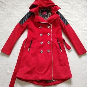 Celsius wool moto quilted faux leather zip front double breasted trench coat